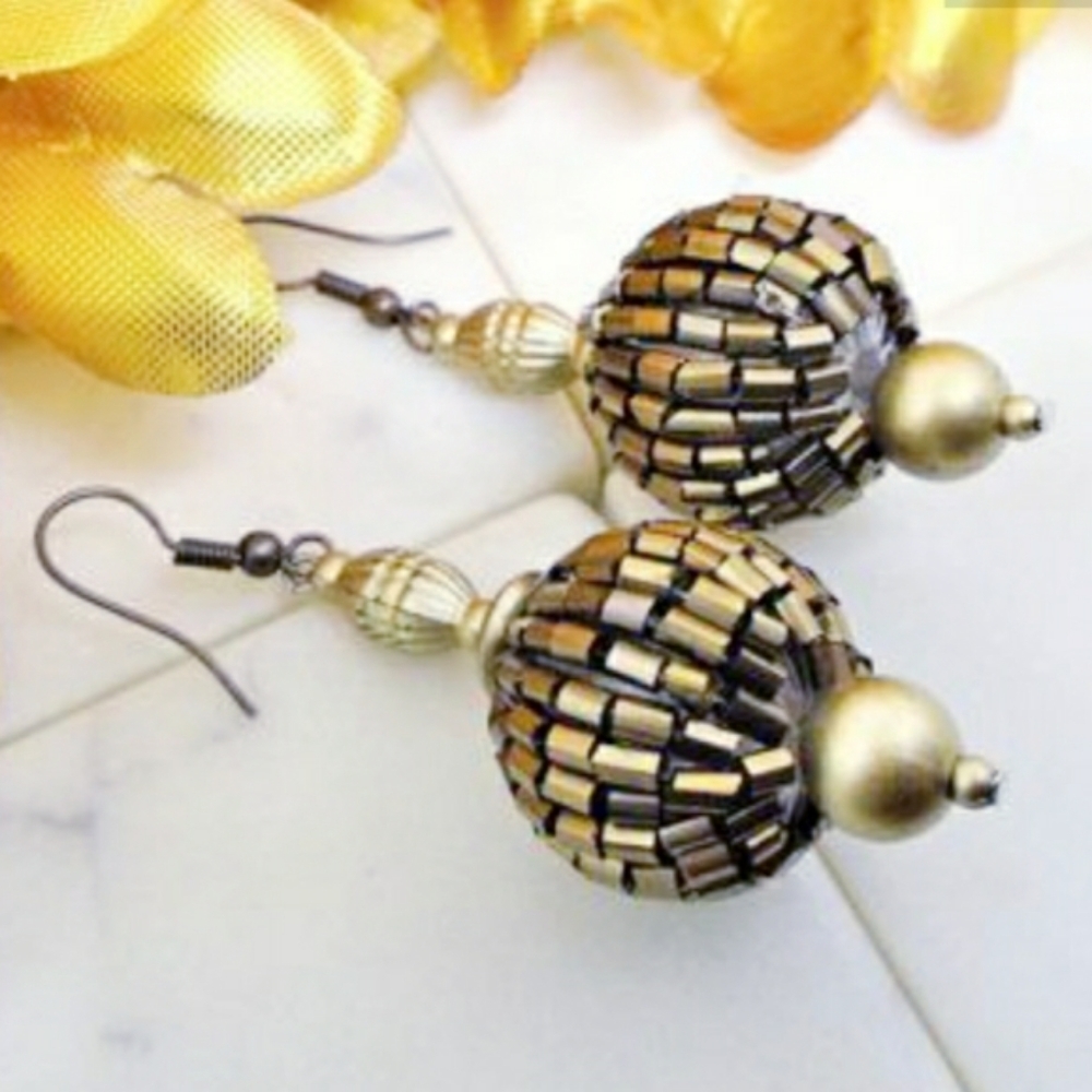 Brown and Gold Disco Ball Inspired Beaded Earrings